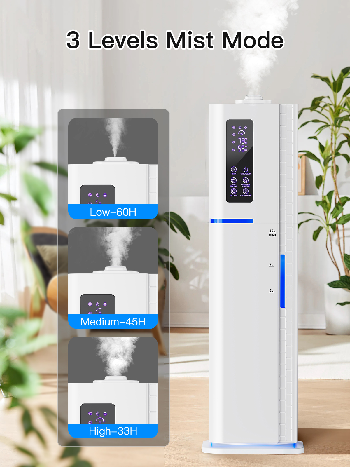 10L/2.64Gal Humidifiers for Bedroom, Top Fill Quiet Ultrasonic Cool Mist Humidifier Large Room, Covers 550ft², 60H Runtime, 24H Timer, 3 Mist Modes Humidifiers for Home, Office, Plants, White